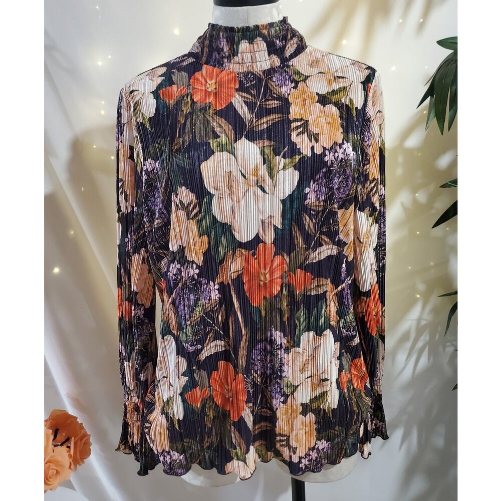 Chicos Womens Mock Neck Crinkle Floral Keyhole Neck Long Sleeve Blouse Size 2 L